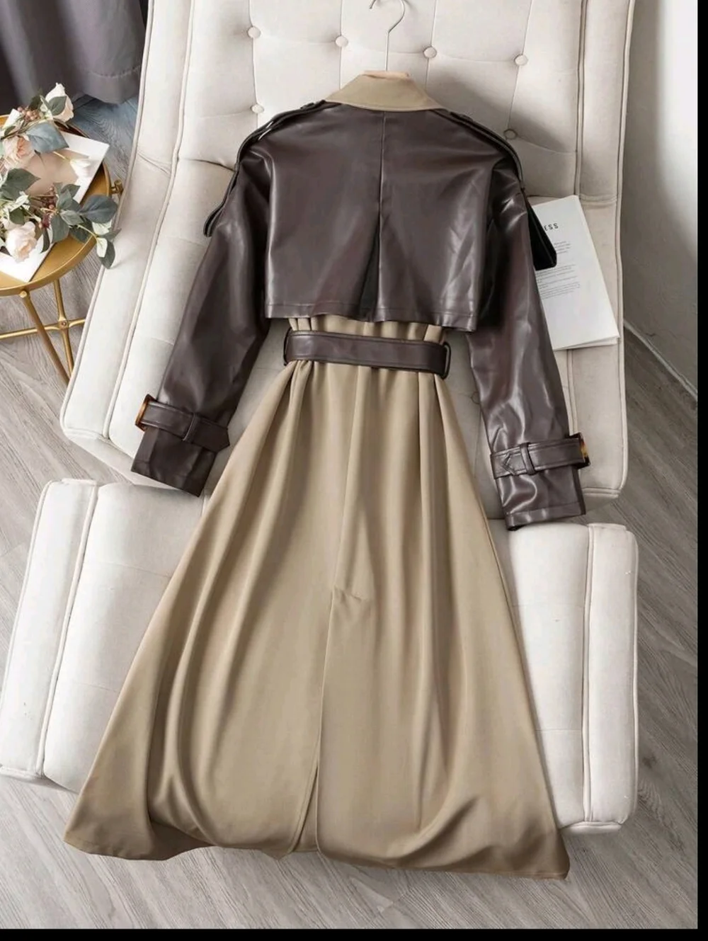 Women's Colorblock Double-Breasted Trench Coat With Contrast Pockets And Belt - Picture 2 of 6